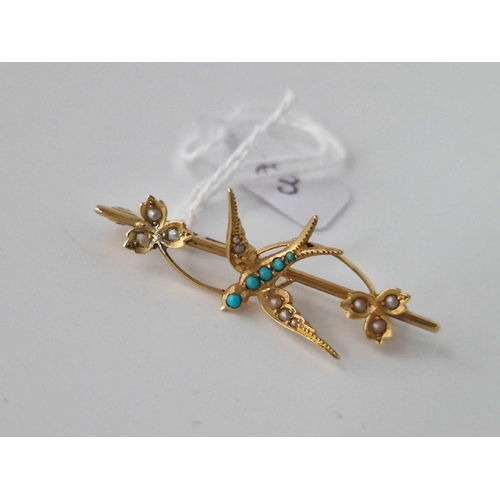 83 - A pearl turquoise swallow brooch 15ct gold 2.9 gms