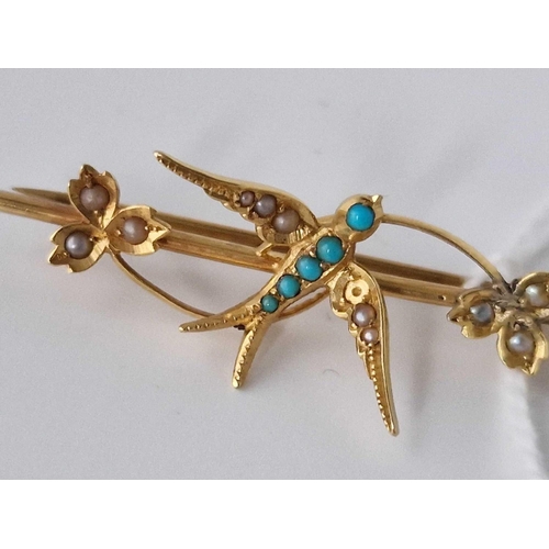 83 - A pearl turquoise swallow brooch 15ct gold 2.9 gms