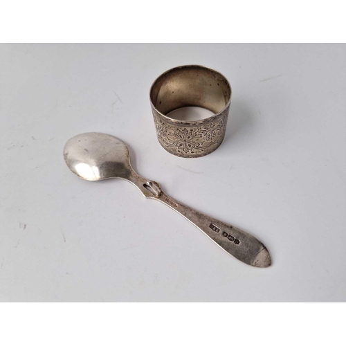 850 - A fancy engraved napkin ring 1896 and a honey spoon, 63g