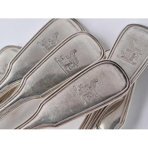 860 - A set of six good fiddle thread crested dessert spoons, London 1864 by GA, 330g