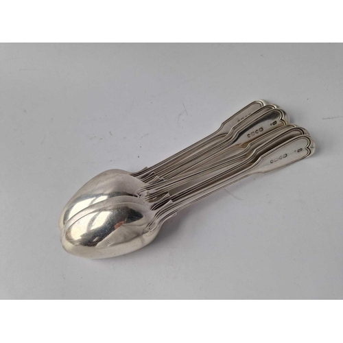 860 - A set of six good fiddle thread crested dessert spoons, London 1864 by GA, 330g