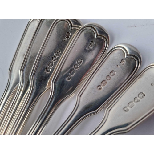 860 - A set of six good fiddle thread crested dessert spoons, London 1864 by GA, 330g