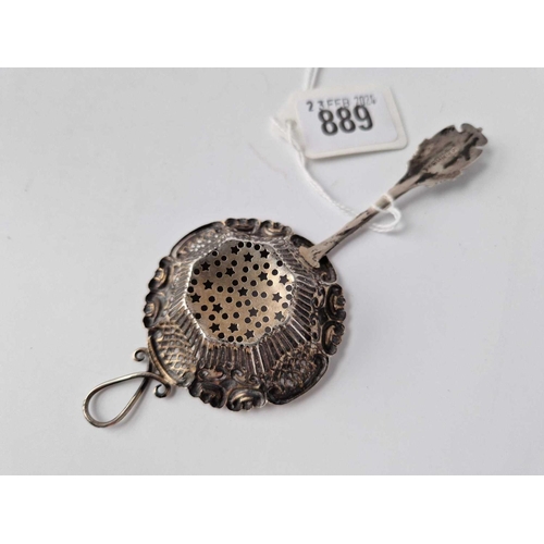 889 - Fancy stirling tea strainer with enamel handle. Indusrtie, Intelligence, Integrity