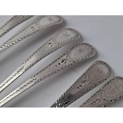 906 - Set of six crispiley engraved brightcut teaspoons. London 1897 By Smith & Hayne 66 gm