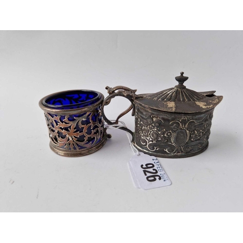 926 - An oval embossed mustard pot and another with no cover, 140g excluding B.G.L