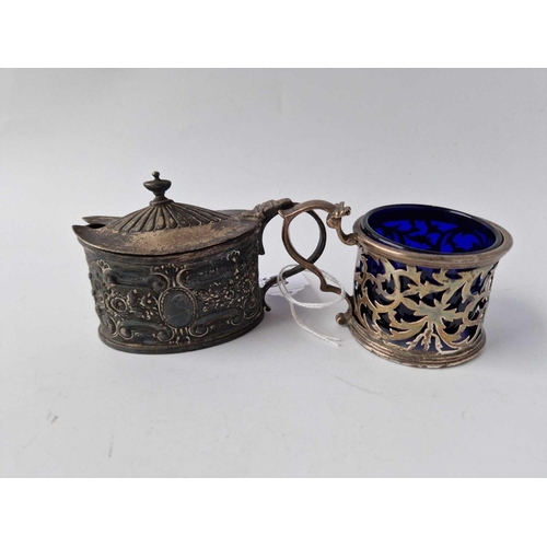 926 - An oval embossed mustard pot and another with no cover, 140g excluding B.G.L