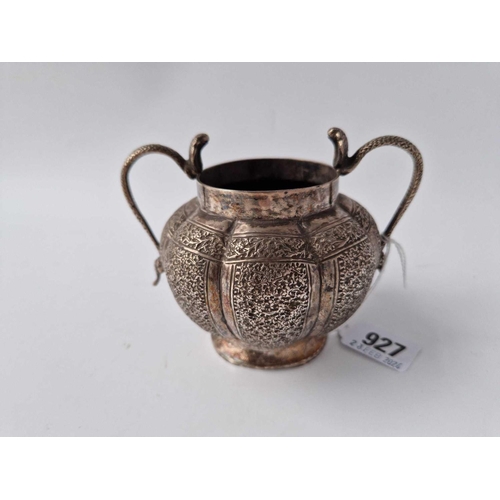 927 - An Indian silver sugar bowl with two snake handles, 170g