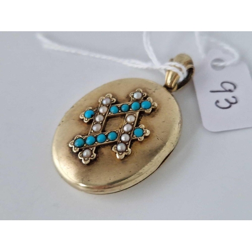 93 - A VICTORIAN LOCKET WITH PEARLS TURQUOISES 15CT GOLD 13.5 GMS