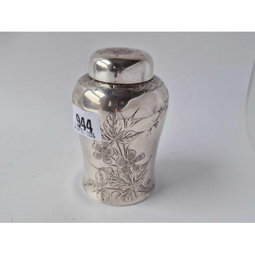 944 - Bottle shaped sterling tea caddy engraved in aesthetic style. 4.5 in high. 165 gm