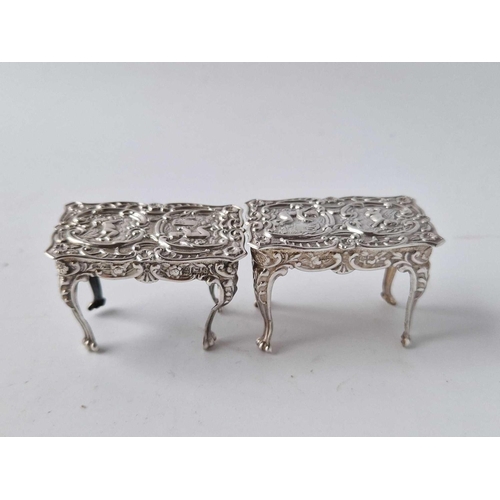 949 - Pair of miniature tables embossed with cherubs. 1.75 in wide. Birmingham 1970