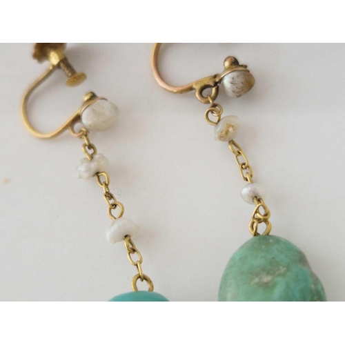 24 - A pair turquoise and pearl ear drops 9ct