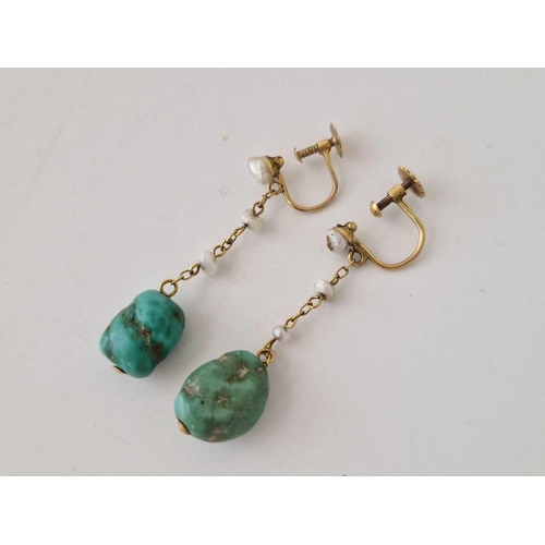 24 - A pair turquoise and pearl ear drops 9ct