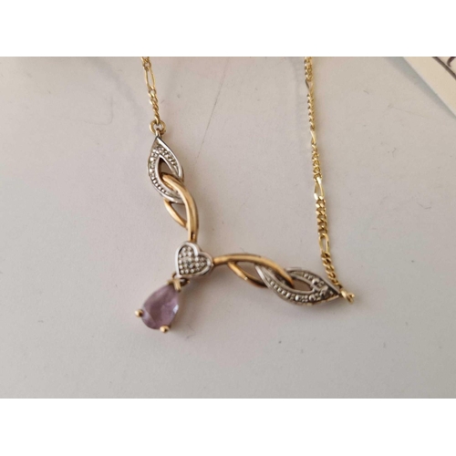 41 - A diamond and amethyst necklace 9ct, 16 inch boxed no clasp