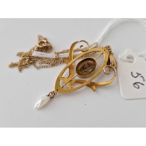 56 - An Art Nouveau MOP pendant and chain, 9ct, 17.5 inch