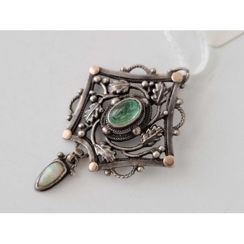 87 - A stylish silver green stone and opal pendant