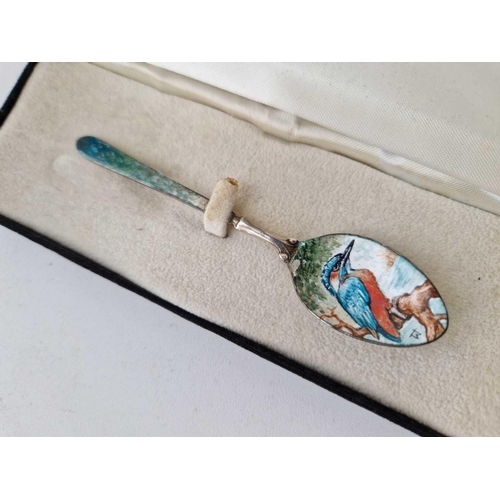 1137 - Enamel decorated with Kingfisher spoon. 4 in long.. Birmingham 1959. Boxed