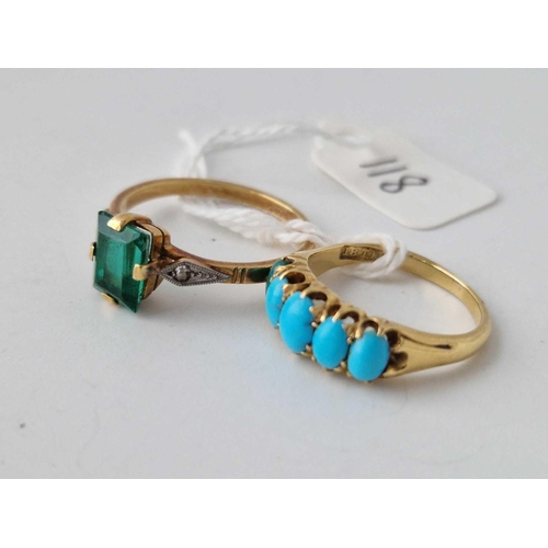 118 - A TURQUOISE 5 STONE RING SIZE K & A GREEN PASTE RING SIZE Q 
BOTH 18CT GOLD 6.7g inc