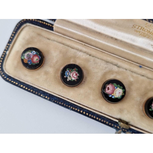 131 - A VERY ATTRACTIVE SET OF 6 GOLD & ONYX MICROMOSAIC STUDS floral
design in original antique Pall Mall... 