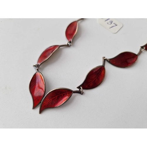 137 - A Norwegian red enamel silver leaf panel necklace by David Andersen 7.5� long