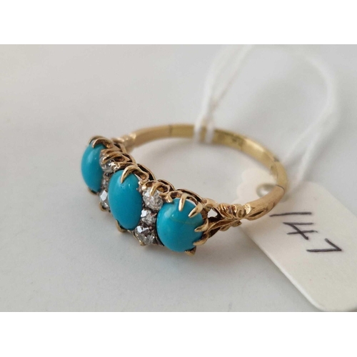 147 - Fabulous, antique turquoise and diamond ring 18ct gold Size S 3.2g