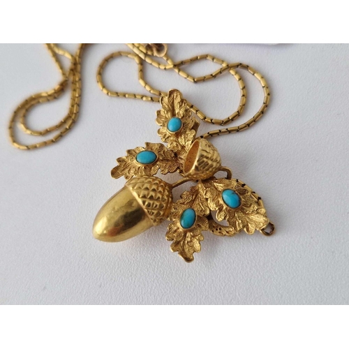 214 - Antique Victorian 18ct gold acorn and oak leaf 
pendant necklet set with turquoise 14 inch