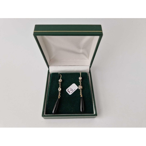 54 - A PAIR VICTORIAN GOLD, DIAMOND & ONYX DROP EARRINGS BOXED