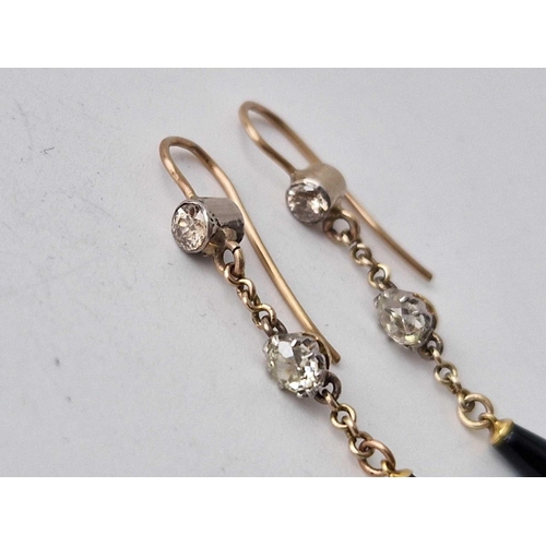 54 - A PAIR VICTORIAN GOLD, DIAMOND & ONYX DROP EARRINGS BOXED