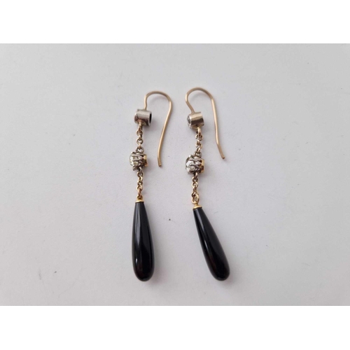 54 - A PAIR VICTORIAN GOLD, DIAMOND & ONYX DROP EARRINGS BOXED