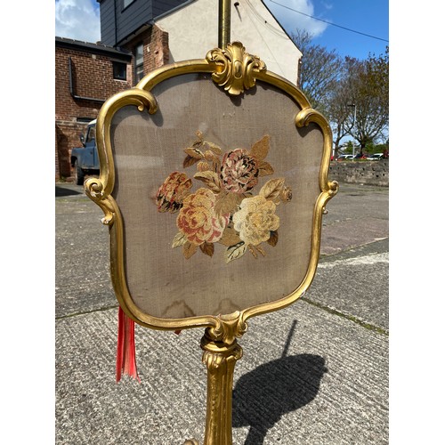 1657 - Victorian gilt pole sceen on tripod base, with needlework panel