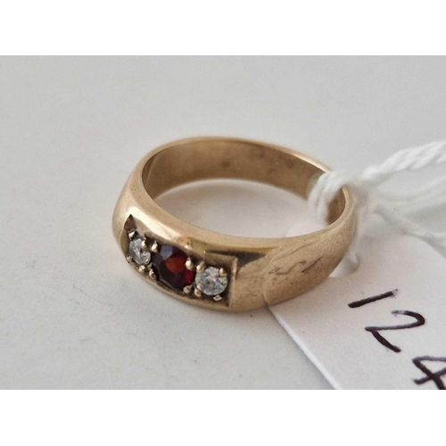 124 - A garnet and white stone gypsy set ring 9ct size I 3.2 gms