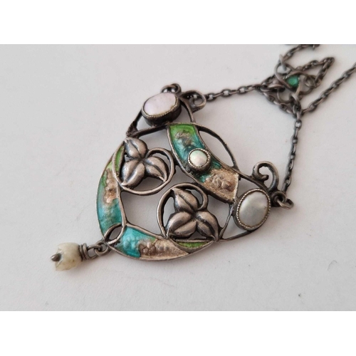 125 - A Edwardian silver enamel and MOP art nouveau pendant necklace