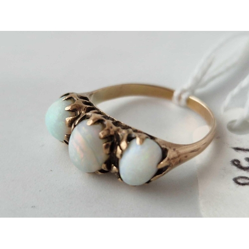 138 - A three stone opal ring 18ct gold size P 3.6 gms