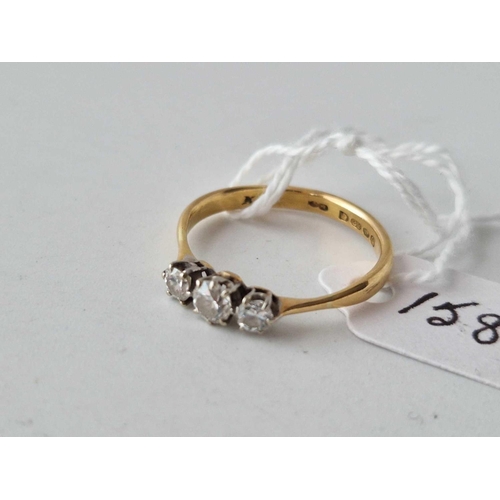 158 - A THREE STONE DIAMOND RING 22CT GOLD SIZE R 3 GMS