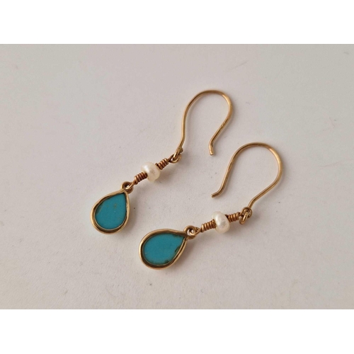 164 - A pair turquoise and pearl earrings 14ct gold 1.4 gms