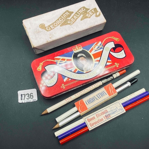 1736 - Tin of unused pencils and a sealing wax set