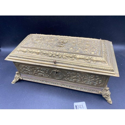 1741 - Heavy Victorian brass casket with chased decoration. 14 in long