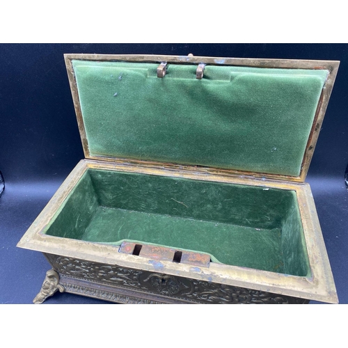 1741 - Heavy Victorian brass casket with chased decoration. 14 in long