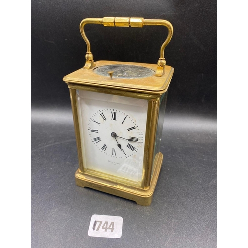 1744 - Another brass repeating carriage clock with repeat button and striking bell. 7 in high By Brook and ... 