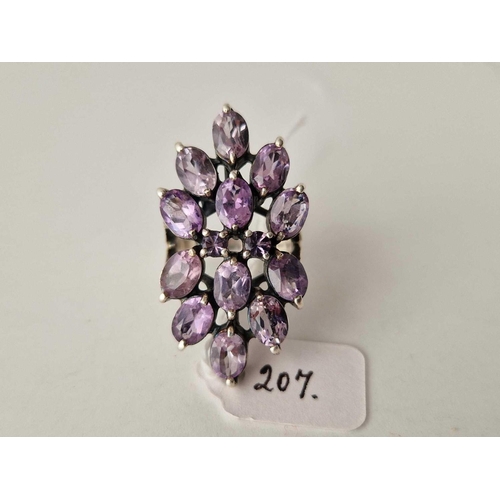 207 - A Fancy silver amethyst cluster ring size P 13 gms