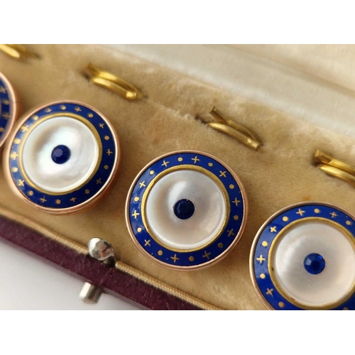 275 - A nice set of six MOP enamel and blue stone studs boxed