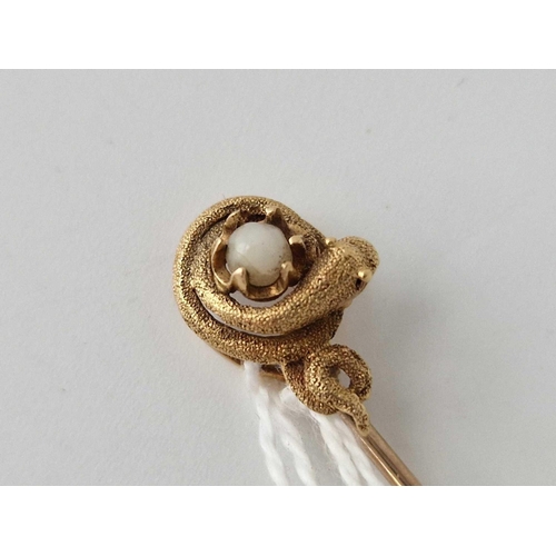 3 - A Victorian gold stick pin with coiled snake around a pearl 3 gms