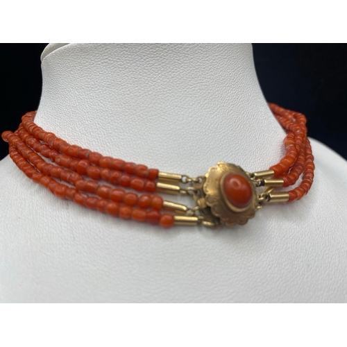 343 - A early Victorian four row coral bracelet 10 inch with original 15ct gold and coral snap