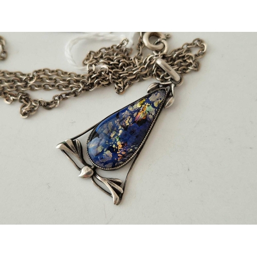 354 - A art nouveau silver and harlequin foiled glass pendant and brooch by Thomas L Mott