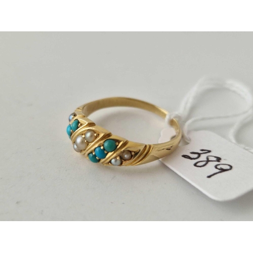 389 - A pretty seed pearl and turquoise ring 18ct gold size S 3.7 gms