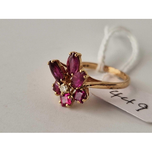 449 - A attractive ruby and tourmaline floral and diamond ring 9ct size N - 3 gms