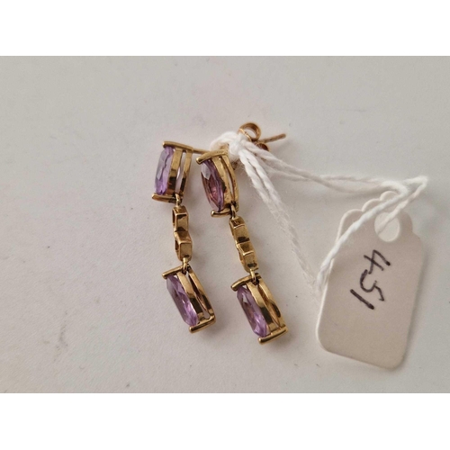 451 - A pair of amethyst drop earrings 9ct 2.4 gms