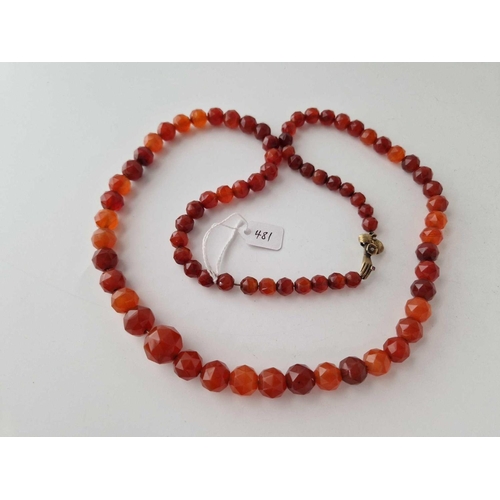 481 - A 19TH CENTURY CARNELIAN BEAD NECKLACE WITH UNUSUAL GOLD HAND CLASP 32 INCH