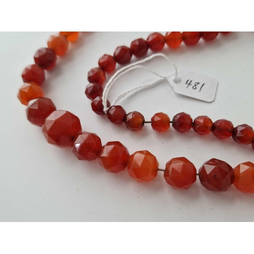 481 - A 19TH CENTURY CARNELIAN BEAD NECKLACE WITH UNUSUAL GOLD HAND CLASP 32 INCH