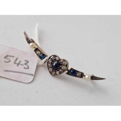 543 - A antique sapphire diamond and pearl brooch with heart motif set in gold 2.2 gms