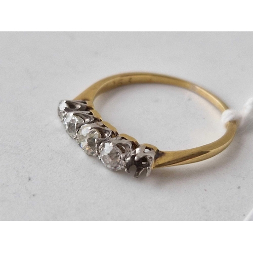 548 - A five stone diamond ring with old cur diamond set in gold one stone missing size O 2 gms